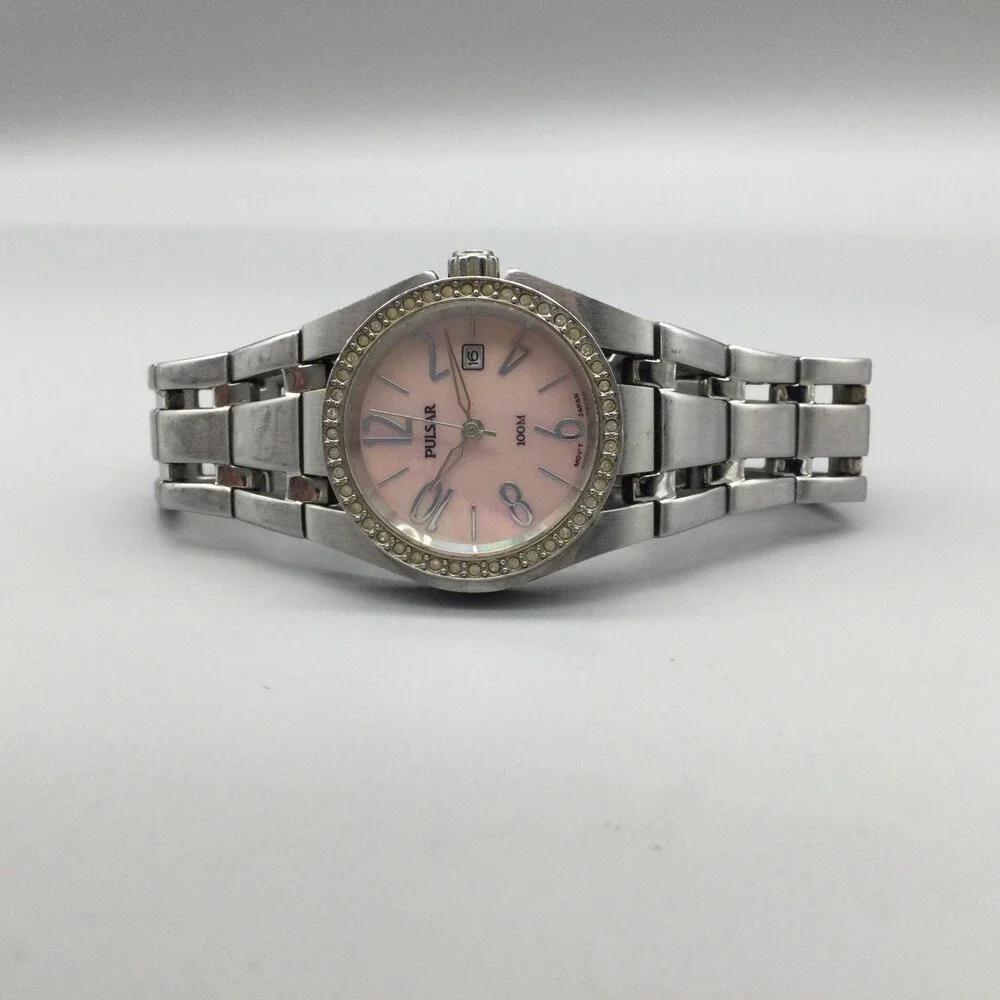 Pulsar Womens Watch 27mm Pink MOP Dial Crystal Bezel V8X2-X393 Date 6.25